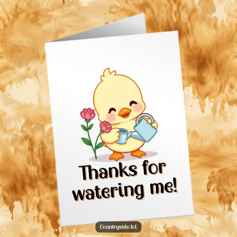 Funny Free Printable Thank You Card: A contented Kawaii duck gently waters a blossom, expressing thanks for nurturing kindness.