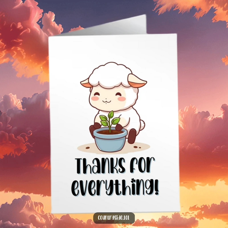 Funny Free Printable Thank You Card: A happy Kawaii sheep lovingly tends a tiny seedling, expressing thanks for nurturing support.