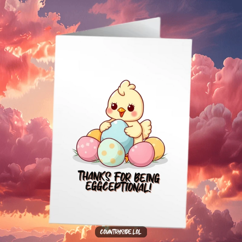 Funny Free Printable Thank You Card: Kawaii chicken offering a giant, colorful egg as a token of thanks.
