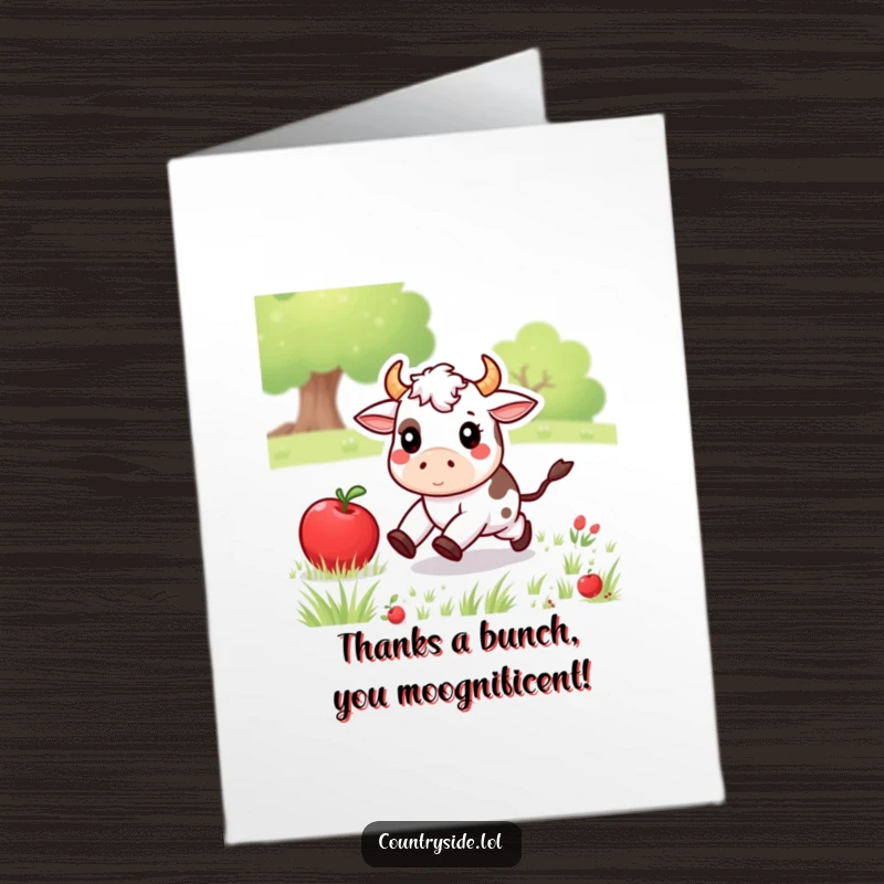 Funny Free Printable Thank You Card: Playful Kawaii cow with a rolling apple, expressing thanks.