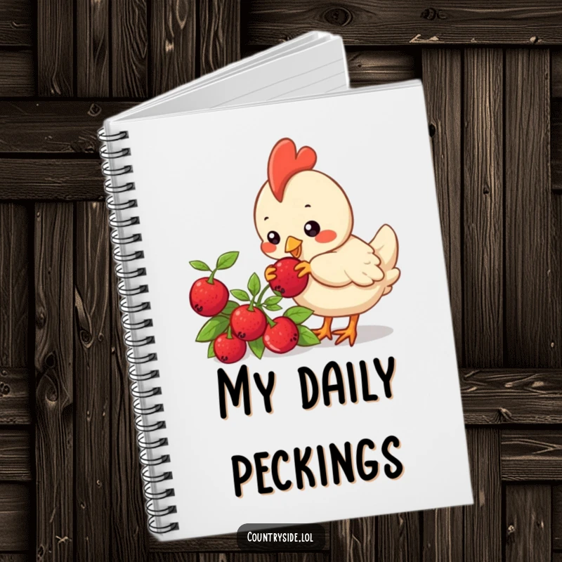 Funny Kawaii chicken character pecking a berry on a bush, designed for a humorous notebook cover for all your writing needs.