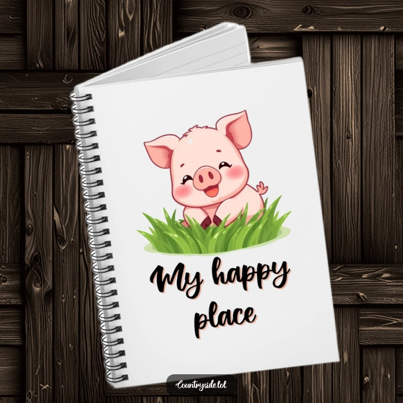 Funny Kawaii piglet humorously rolling in grass, featured on a happy notebook cover.