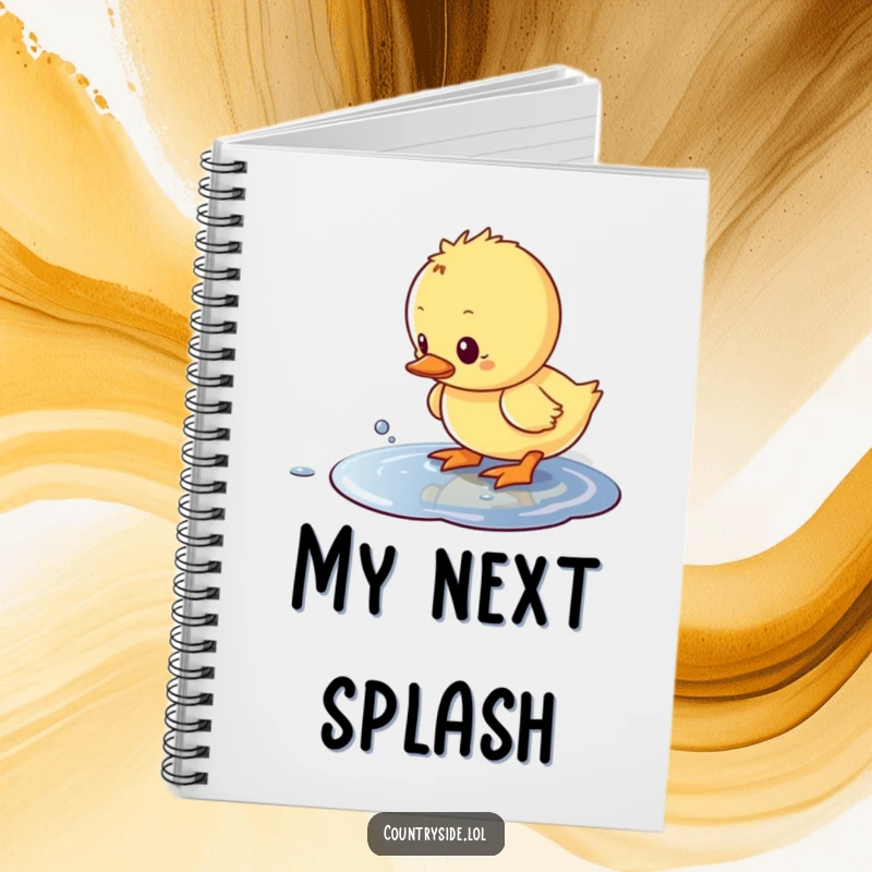 Funny Kawaii duckling humorously splashing in a puddle, featured on a bright and cheerful notebook cover.