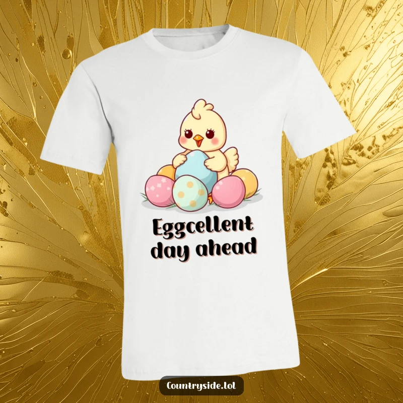 Funny Kawaii chicken character collecting big colorful eggs, looking utterly delighted and slightly overwhelmed.