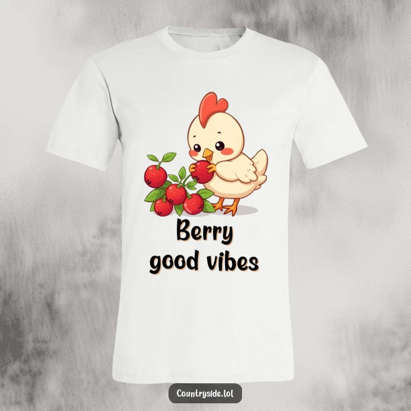 Funny Kawaii chicken character intently pecking at a ripe red berry on a bush, capturing a moment of adorable curiosity.