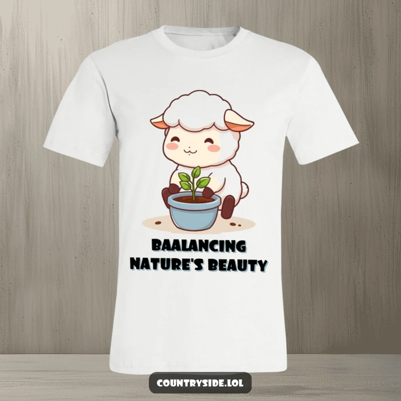 Funny t-shirt featuring a happy Kawaii sheep character tenderly tending a tiny seedling, perfect for garden enthusiasts.