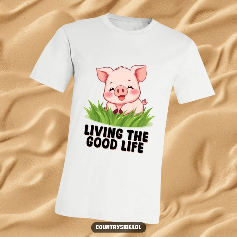 Funny Kawaii piglet covered in grass, humorously enjoying a joyful roll in a vibrant green meadow.