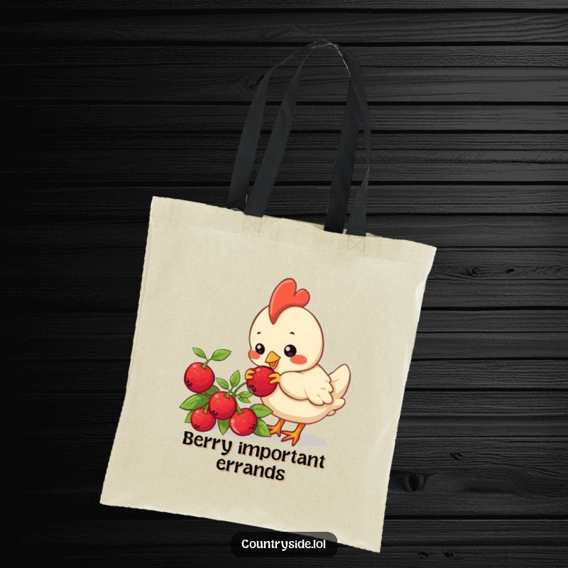 Funny Kawaii chicken character focused on pecking a berry on a bush, depicted on a durable and humorous tote bag.
