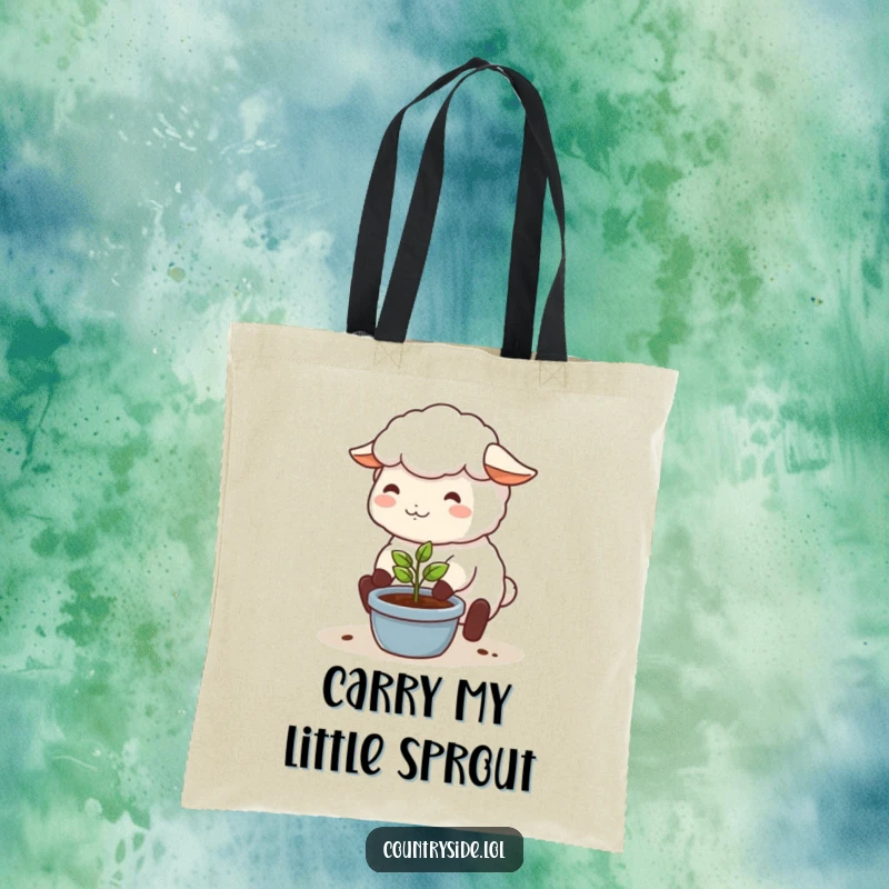 Funny tote bag featuring a happy Kawaii sheep character tending a seedling, perfect for carrying gardening supplies.