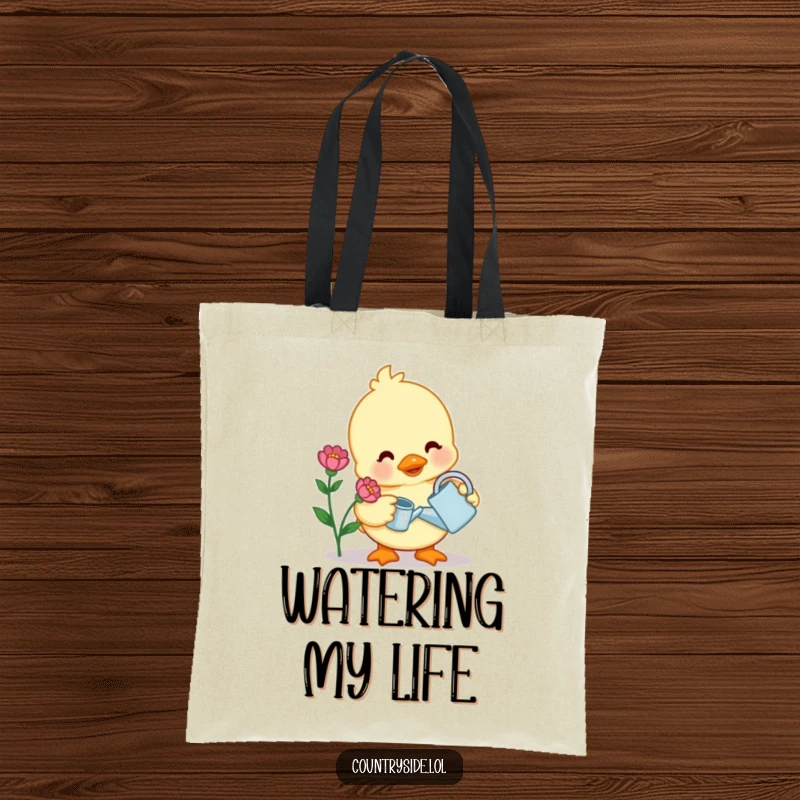 Funny tote bag featuring a contented Kawaii duck character watering a flower with a small watering can, great for garden trips.