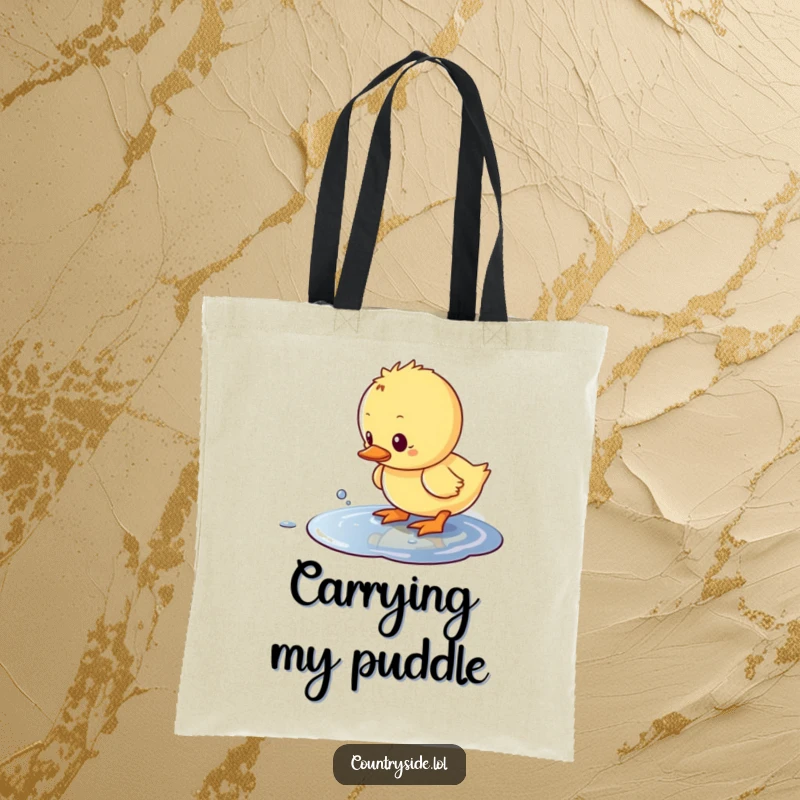 Funny Kawaii duckling humorously mid-splash in a puddle, featured on a durable and cheerful tote bag.
