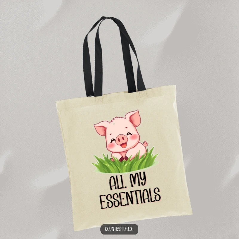 Funny Kawaii piglet, humorously depicted rolling in grass, featured on a durable and cheerful tote bag.