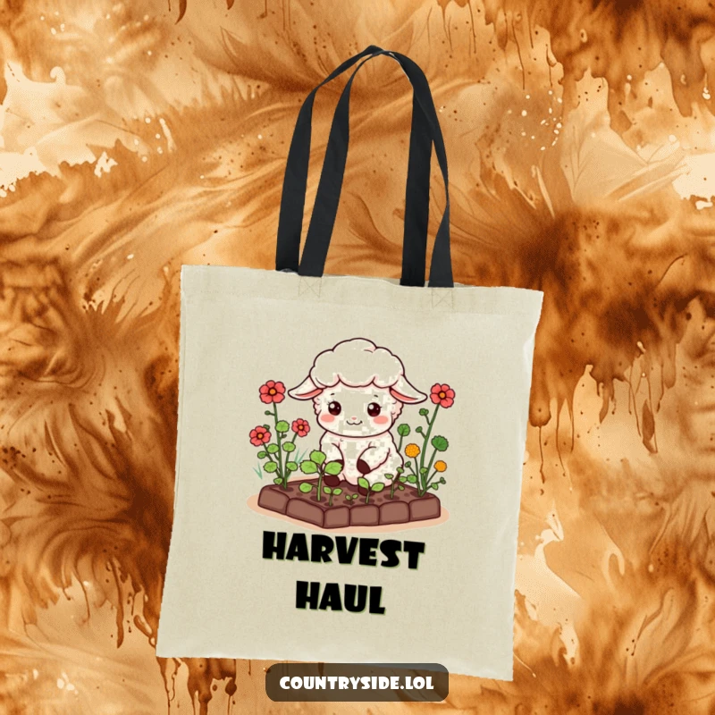 Funny Kawaii Sheep Tote Bag: A happy sheep character tending a miniature vegetable garden, perfect for carrying groceries with garden humor.